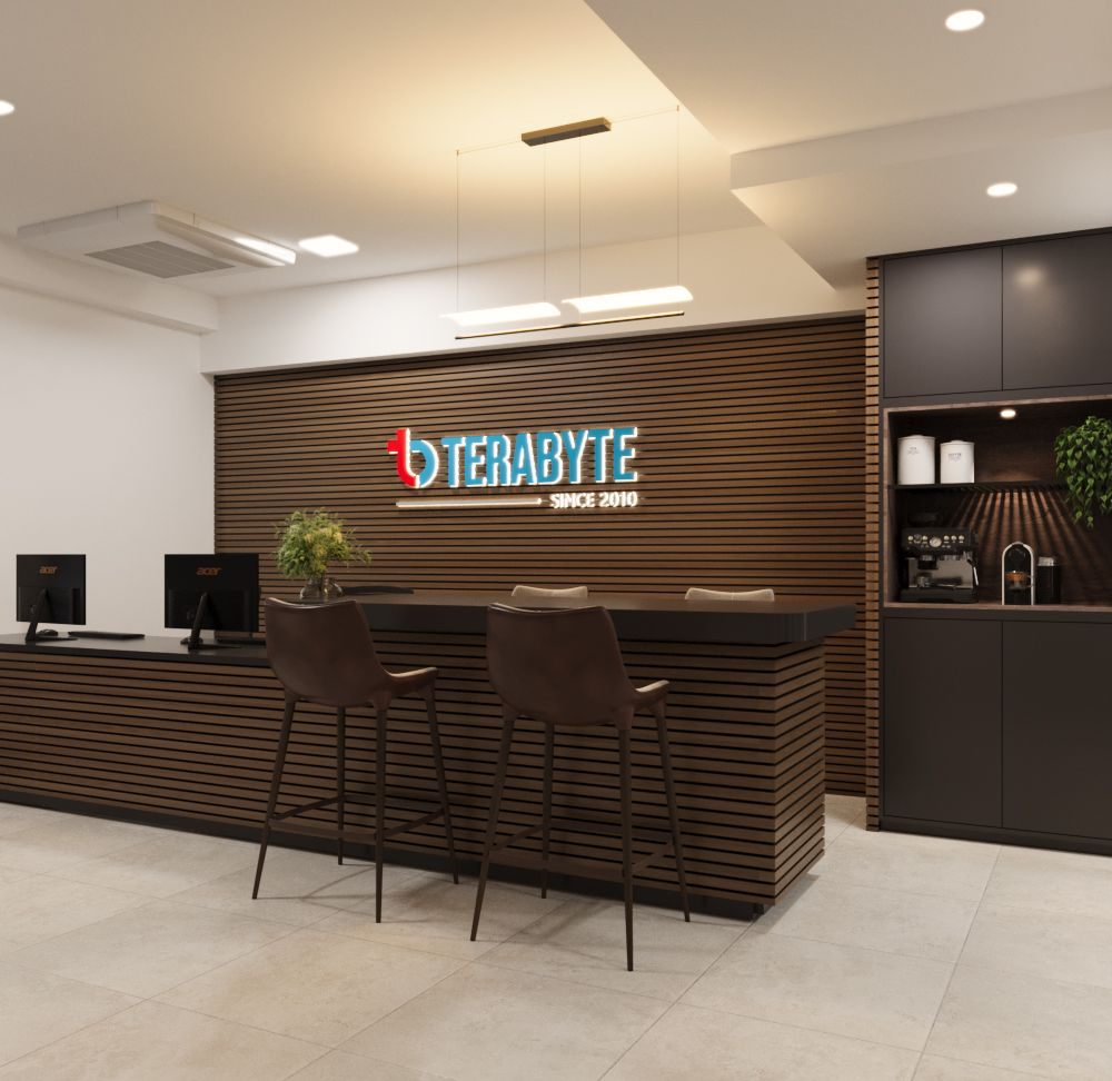 The Terabyte reception desk beneath the company logo